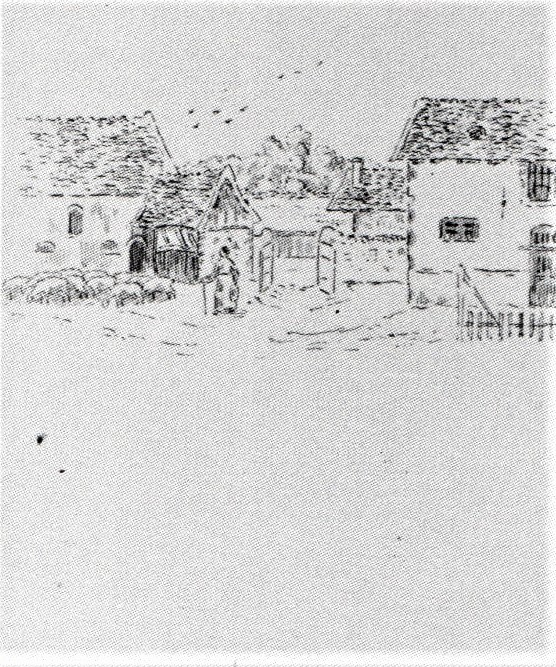 Lucien Pissarro: 8IE-1886-116, Projet d’illustration de « Il était une bergère » (aquarelle), no.3: Qui gardait ses moutons, no.3 =1884ca, Que gardait ses moutons, dr, 17x13, Ashmolean Oxford (R90II,p270+248;M66)