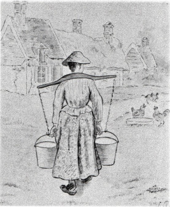 Lucien Pissarro: 8IE-1886-116, Projet d’illustration de « Il était une bergère » (aquarelle), no.4: Elle fit une formage =1884ca, Elle fit une fromage (She went to make a cheese), dr+wc, 21x17, Ashmolean Oxford (R90II,p270+249;M66)