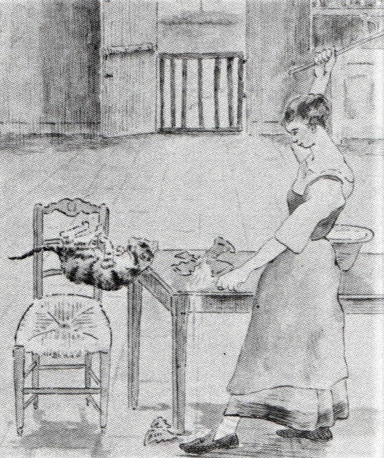 Lucien Pissarro: 8IE-1886-116, Projet d’illustration de « Il était une bergère » (aquarelle), no.7: La Bergère en colère =1884ca, La Bergère en colère (The shepherdess lost her temper), dr+wc, 21x17, Ashmolean Oxford (R90II,p270+249;M66)