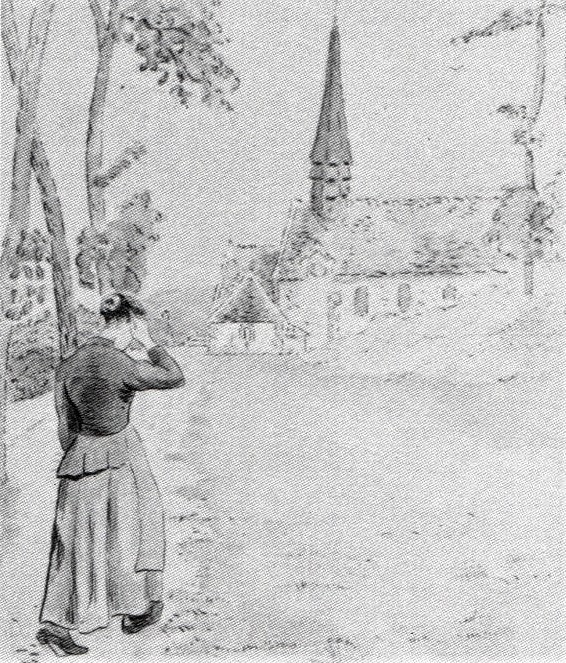 Lucien Pissarro: 8IE-1886-116, Projet d’illustration de « Il était une bergère » (aquarelle), no.8: Elle s'en fut à confesse 1884ca, Elle s'en fut à confesse (no.10), dr+wc, 23x17, Ashmolean Oxford (R90II,p270+249;M66)
