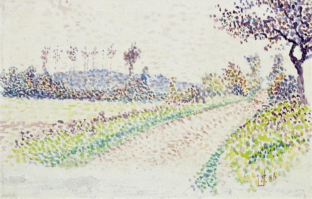 Lucien Pissarro: 8IE-1886-117, Étude à Pontoise (aquarelle). Compare: 1886, SDbr, Road near Eragny, wc, 13x20, Ashmolean Oxford (iR155;M66;aR2;aR3;R2,p445)