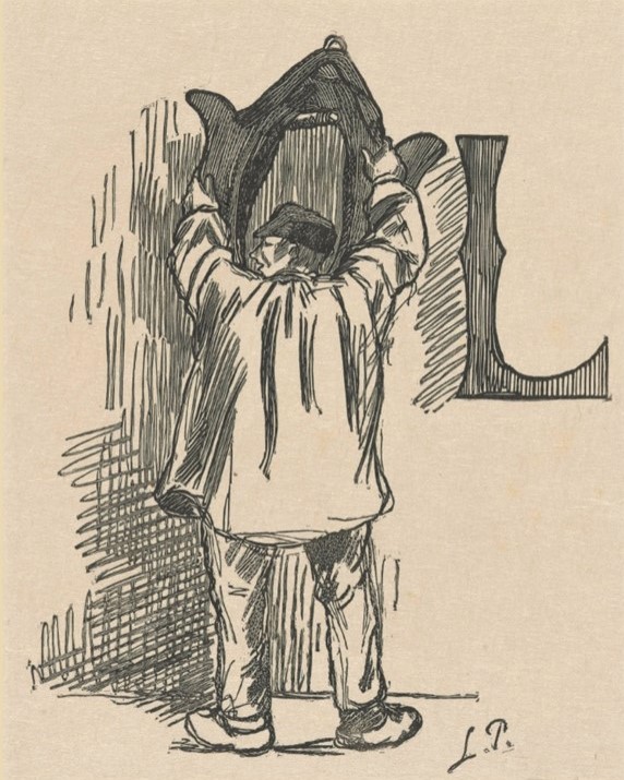 Lucien Pissarro: 8IE-1886-122, Illustration de Mait’Liziard (nouvelle de M. Octave Mirbeau); gravure sur bois, no.1, Lettre L. =1886ca, (Mait' Liziard) Lettre L., woodcut, 14x11, VGM Amsterdam (aR7;M73;R90II,p271+249)
