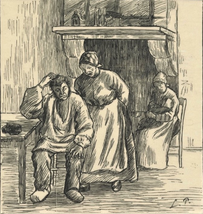 Lucien Pissarro: 8IE-1886-122, Illustration de Mait’Liziard (nouvelle de M. Octave Mirbeau); gravure sur bois, no.3, All'enfe, a soufflé =1886ca, All'enfe, à soufflé, woodcut, 17x16, VGM Amsterdam (M73;R90II,p271+249;R2,p445)