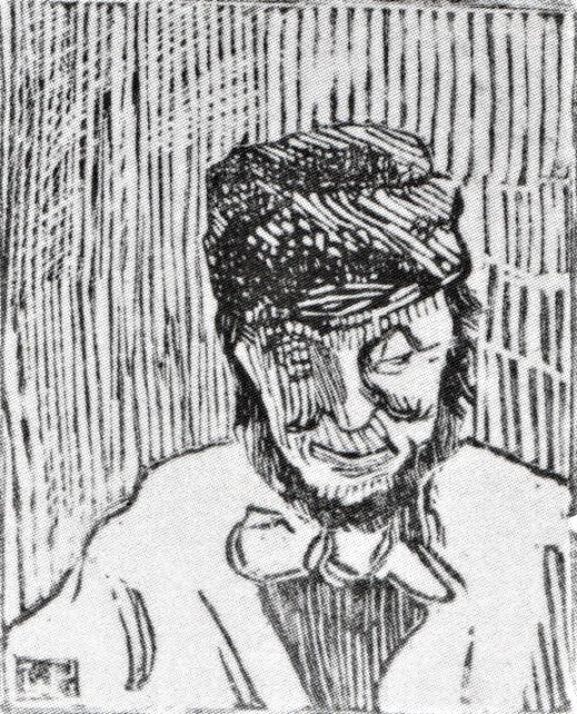 Lucien Pissarro: 8IE-1886-123-1, Tête de paysan; gravure sur bois =? 188x, Croquis, woodcut after a drawing of Camille Pissarro, 7x5, Ashmolean Oxford (R90II,p272+250;R311,no19;M66)