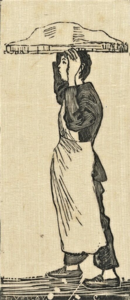 Lucien Pissarro: 8IE-1886-123-5, Pâtissier; gravure sur bois =1884ca, Le Pâttisier, woodcut after a drawing of Camille Pissarro, 24x17 (14x6), VGM Amsterdam (M73;iR59;aR6;R90II,p273+250;R311,no8;R89,no57)