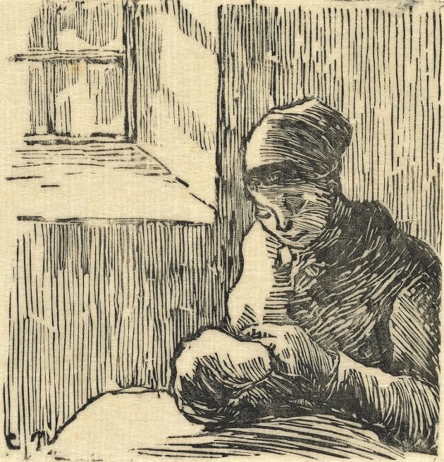 Lucien Pissarro: 8IE-1886-123-8, Ravaudeuse; gravure sur bois =1884, Femme Ravaudant, woodcut after a drawing of Camille Pissarro, 23x17, VGM Amsterdam (M73;R90II,p273+250;R311,no5)