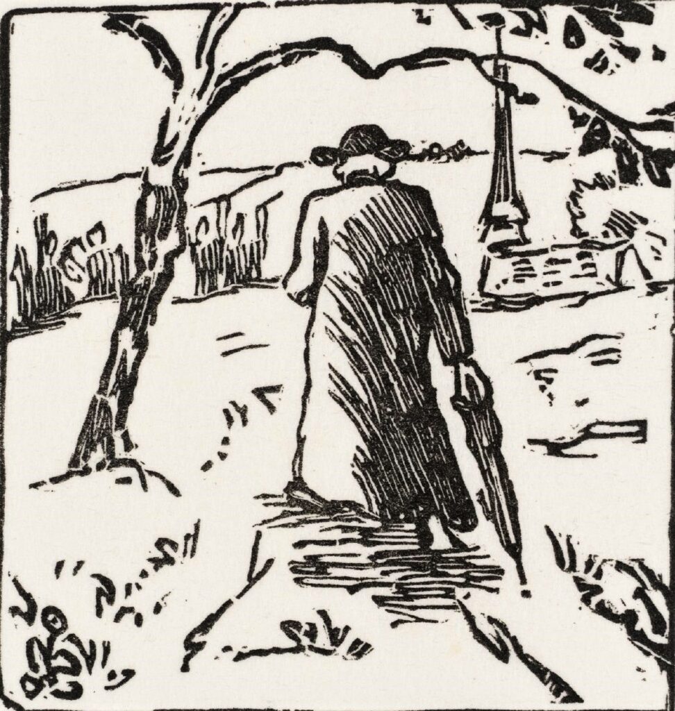 Lucien Pissarro: 8IE-1886-123-9, Curé à la promenade; gravure sur bois =1884ca, Le Curé, woodcut, 8x8, Tate London (iR10;M62;iR59;aR6;R90II,p273+250;R311,no7;R89,no56)