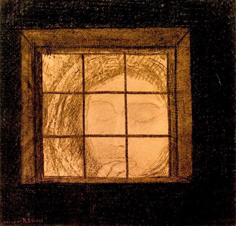 Odilon Redon: 8IE-1886-125, Le secret =?? 18xx, CR1066, Visage derrière une fenêtre (La novice; Femme sauvage), fusain, 43x38, private (iR2;R182,no1066;R2,p445) =? 3XX-1886-4, Le secret.