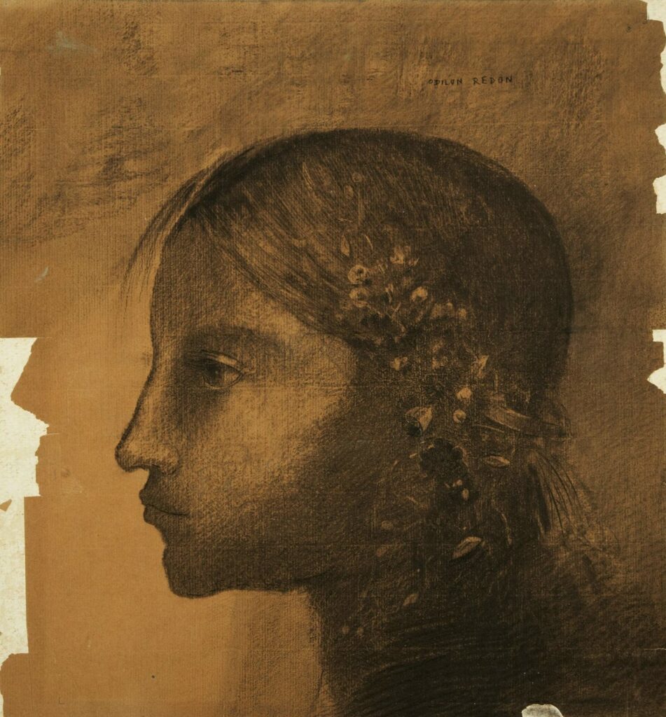 Odilon Redon: 8IE-1886-128, L’intelligence =1885, CR157, Head of a small girl (On waking, I saw the GODDESS of the INTELLIGIBLE with her severe and hard profile), fusain, 61x46, Carnegie Pittsburgh (M35;R182,no157+IV,p330)