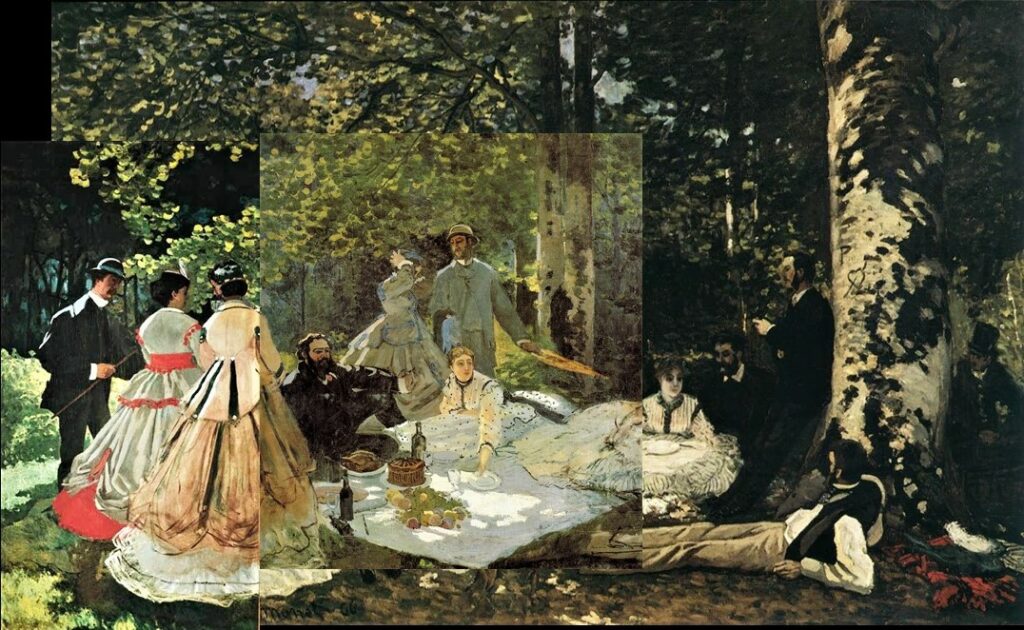 Claude Monet: 1865-66, compilation CR63, Le dejeurner sur l'herbe, 460x600/640; left: CR63/1, 418x150, Orsay; middle: CR63/2, 248x217, Orsay; right: 1866, CR62, SDbl, study, 130x81, Pushkin (iRx;R5,p35;R22,I,p58-61+no62+63;M1;M96). Intended for the Salon of 1866; painted in Chailly and the studio using several studies; partly destroyed and cut up.