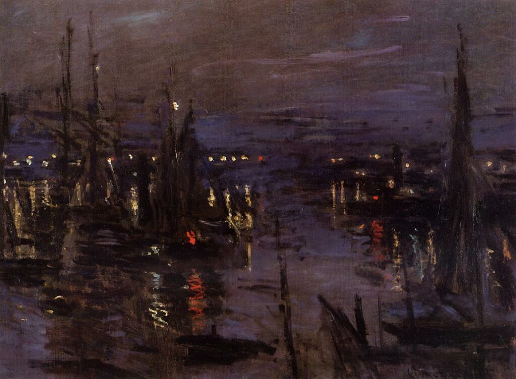 Claude Monet: 1873, CR264, Le Havre, The harbour, night effect, 60x81, A1988/11/15 (iRx;iR15;R22,no264) =Le Havre-1906-68. Provenance: Charpentier (1876/05 or 1877/01); Durand-Ruel (1897 + 1901-15)