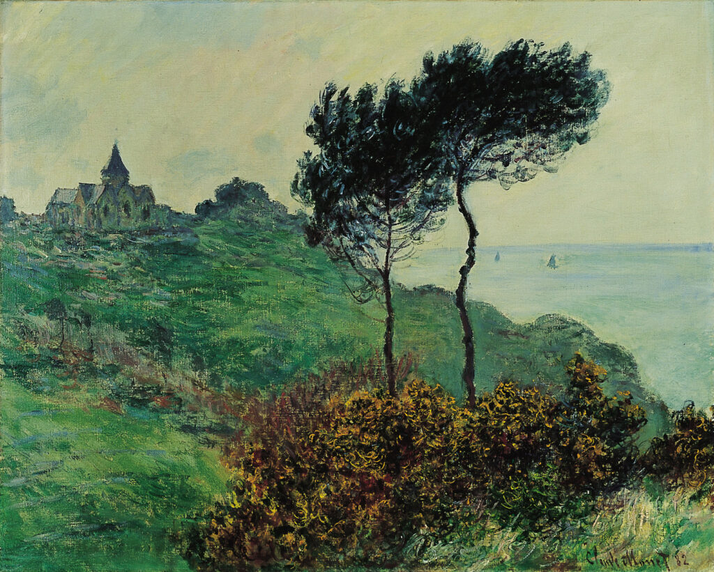 Claude Monet: 1882, CR725, The church at Varengeville, grey weather, 65x81, SAM Louisville (iR10;iR4;R22IV,p1018+CR725) =Reims-1896 (lent by Durand-Ruel?)