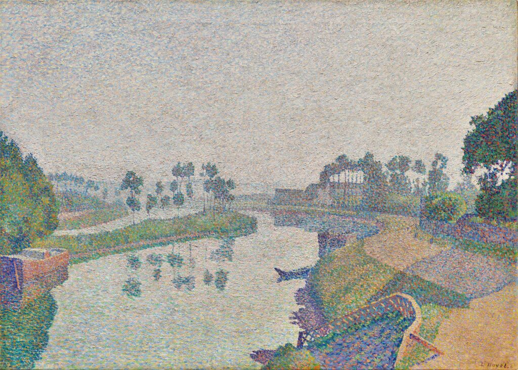Louis Hayet (1864-1940): 1887-88, Banks of the Oise at Dawn, 51x71, Cleveland MA (M27;iR6)