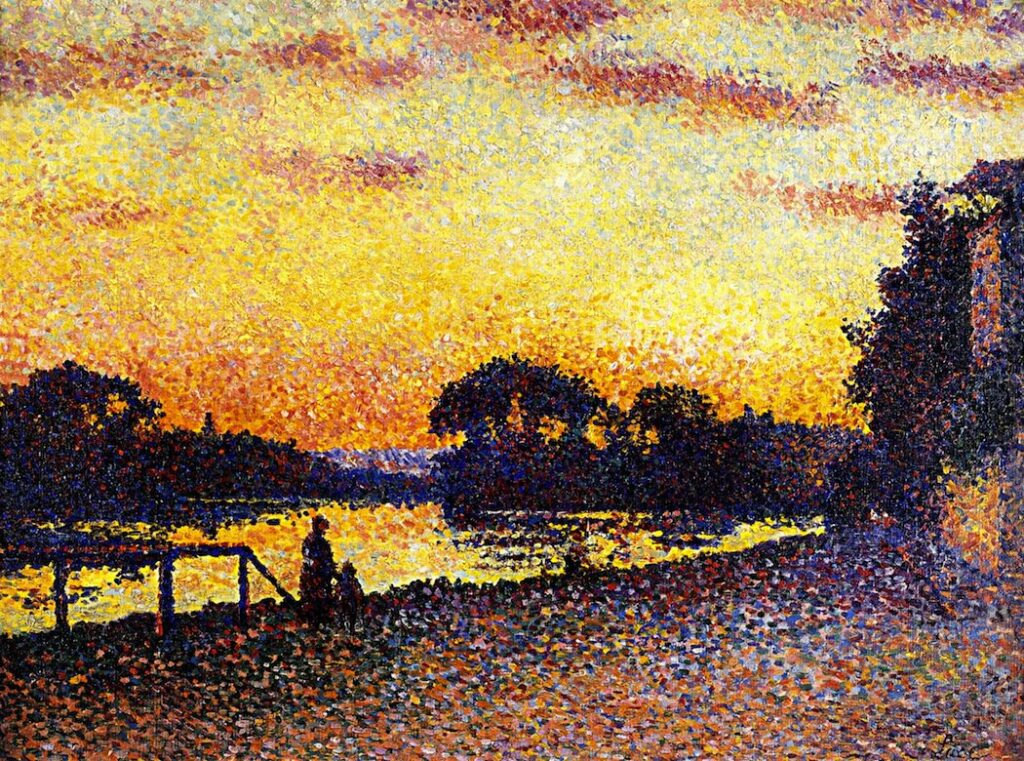 Maximilien Luce (1858-1941): 1889ca, Banks of the Seine at Herblay, sunset, 50x65, private (iRx;R306,no7) =!? 8SdI-1892-723