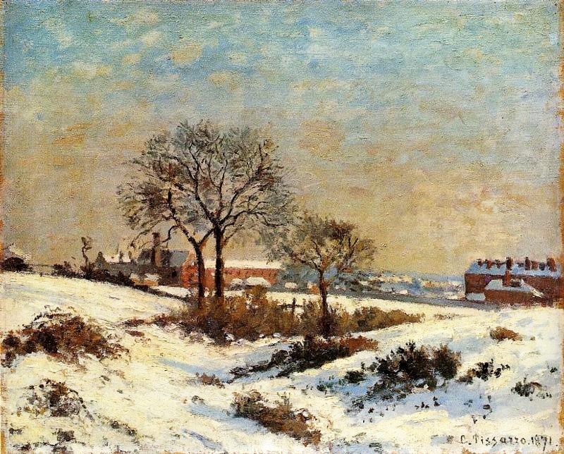 Camille Pissarro: CCP187, 1871, Landscape under Snow, Upper Norwood, oil on board, 45x56, private (iR2;R116I,p361+no187) =?? South-Kensington-1871-1276, Winter Scenery; 1871/09/04 purchased by Jules Berthel in London.