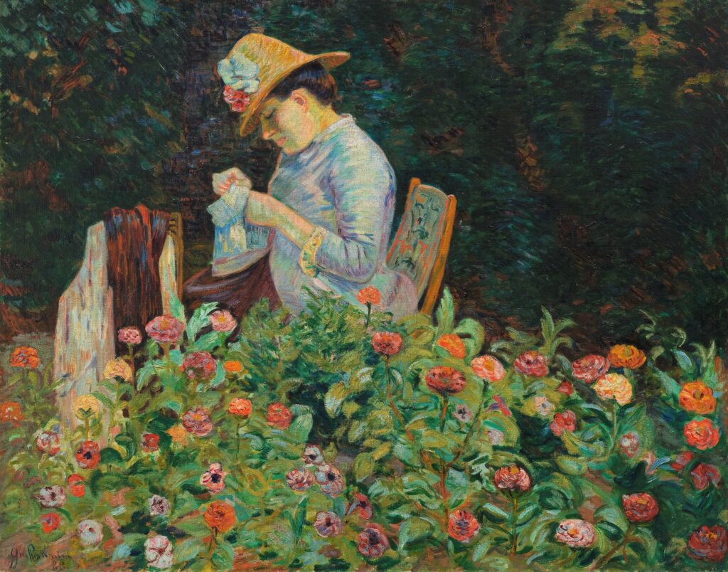 Armand Guillaumin: 8IE-1886-67, Jeune fille lisant. Compare: 1888, SDbl, Woman knitting in a flower garden, 72x92, A2022/06/16 (iR390;iR10;R2,p445;R90I,p428+432+443)