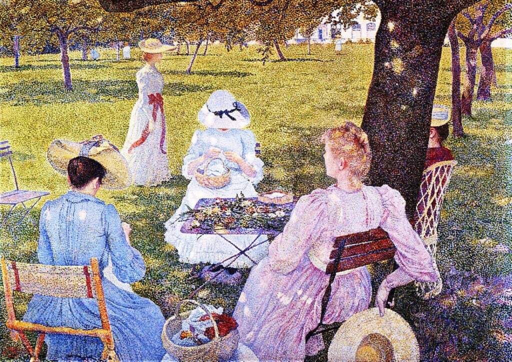 Théo van Rysselberghe (1862-1926): 1890, July before noon (family-in-the-orchard), 115x163, KMM Otterlo (iRx;R68,p110/1+120;R229,p1523;M72) =7XX-1890 =7SdI-1891-1211