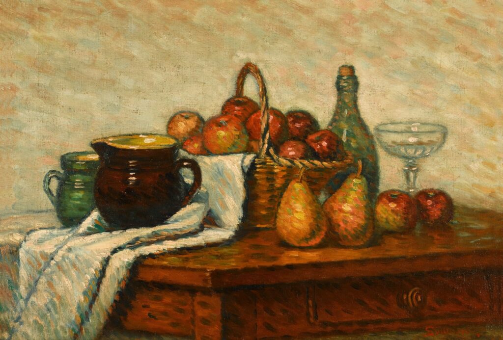 Armand Guillaumin: 1879ca, 2CR, Still-life with apples, 47x64 (or 38x55), A2021/06/30 (iR14;iR11) =?? BJ-1907-33, Bouteille et pommes