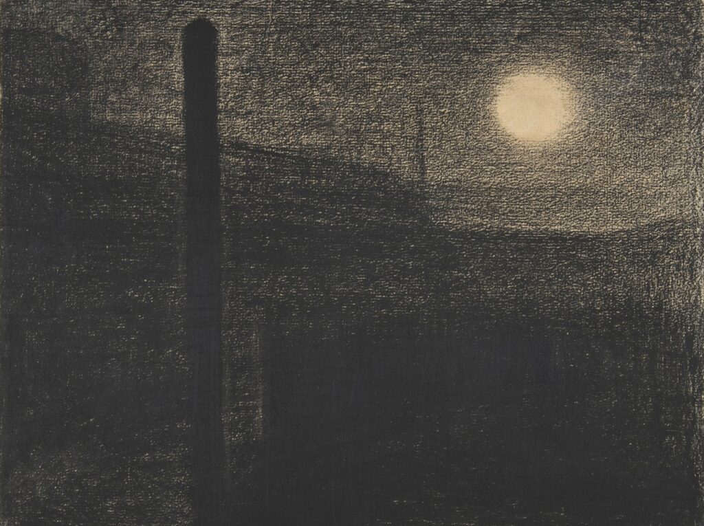 Georges Seurat: 1882-83, dH536, Factories by moonlight (Courbevoie), dr, 24x31, Metropolitan (M23;iR295;iR10;iR48;R207,p124) =1SdI-1884/12-hc -
