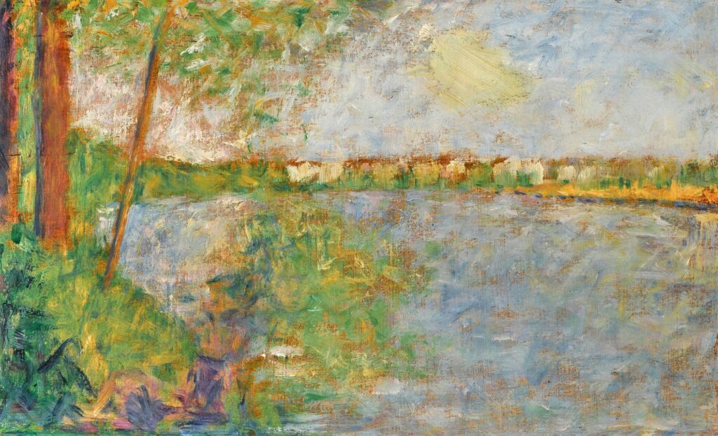 Georges Seurat: 1884-85, DR107 dH132, Printemps à la Grande Jatte, on wood, 15x25, A2023/05/16 (iR10;iR14;R183,no107;R207,p124) =1SdI-1886/12-362, Bords de la Seine (Croqueton)