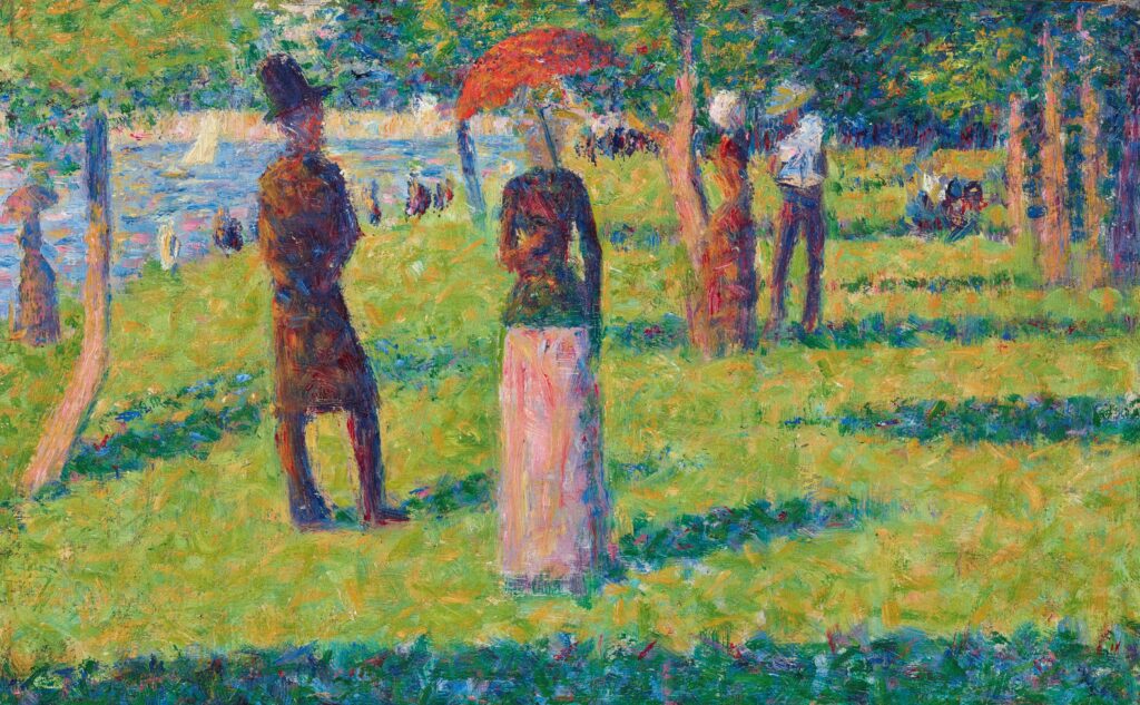 Georges Seurat: 1884-85, DR127, Rose-Colored Skirt (Study for La Grande Jatte), on wood, 16x25, A2021/05/11 (iR10;iR15;aR5;R183,no127;R207,p122+126) =!? NY-AAG-1886-133, 12 studies =!? 3SdI-1887-447, douze croquis