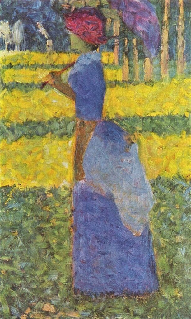 Georges Seurat: 1884-85, DR133 dH153, Woman with umbrella (La grande Jatte study), 25x16, Bührle Zurich (iR6;R3,p259;R183,no133;R162,p95;M85) =? 1SdI-1884/12-242, 9 croquetons