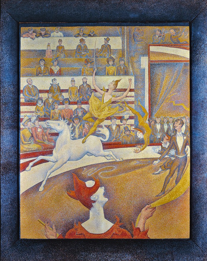 Georges Seurat: 1890-91, DR211 dH213, Le Cirque (The Circus), 186x151, Orsay (iR6;R3,p329;R207,p94+130;R183,no211;M1) =7SdI-1891-1102 =9XX-1892-19 =8SdI-1892-1087 =RB1900-39 =21SdI-1905-1087 =Venice-1920-53 =Brussels-1935-74