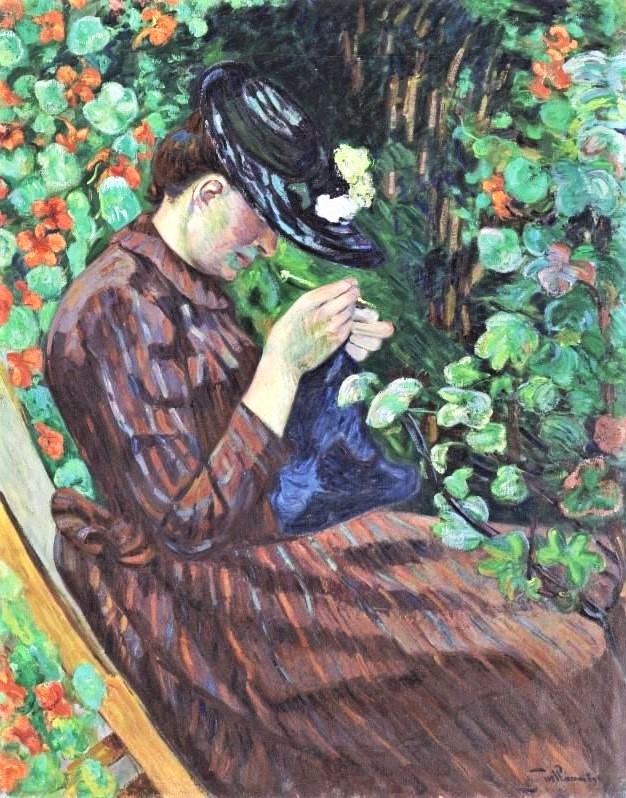 Armand Guillaumin: 1890ca, CR203, Mme Guillaumin assise dans un jardin , 80x63, A2004/11/05 (iR11;iR205;iR14;R124,no203;R229,p807) =former Durand-Ruel collection; =? 7SdI-1891-648, Femme dans un jardin