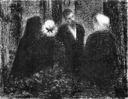 Georges Seurat: 8IE-1886-182, Condoléances; dessin; appartient à M. J.K. Huysmans =1886, dH655, Réunion de famille, conté dr, 24x32, private (iR59;iR10;R2,p466+252;R90II,p252+276;R207,p123)