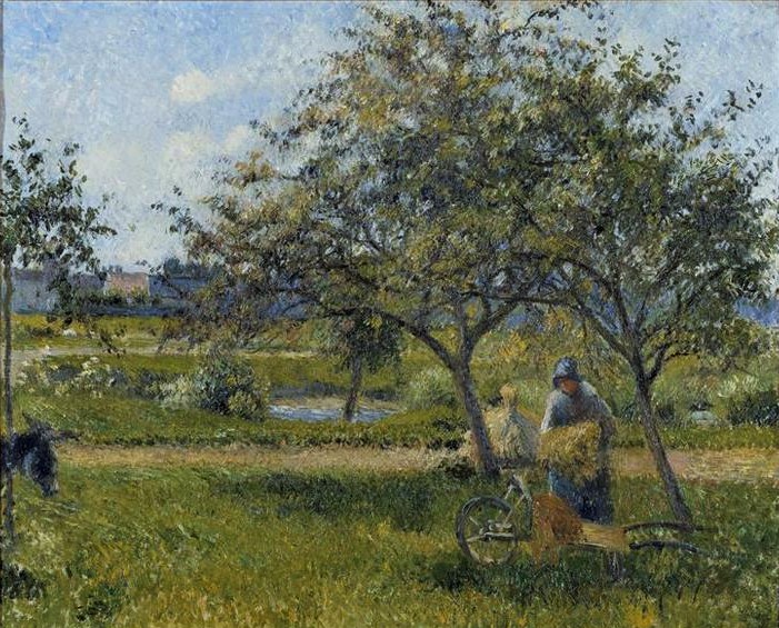 Camille Pissarro: CCP608, 1879ca, The wheelbarrow in the orchard, Le Valhermeil, Auvers-sur-Oise, 54x65, Orsay (iR10;iR6;iR7;R22,no608;M1) Caillebotte bequest.