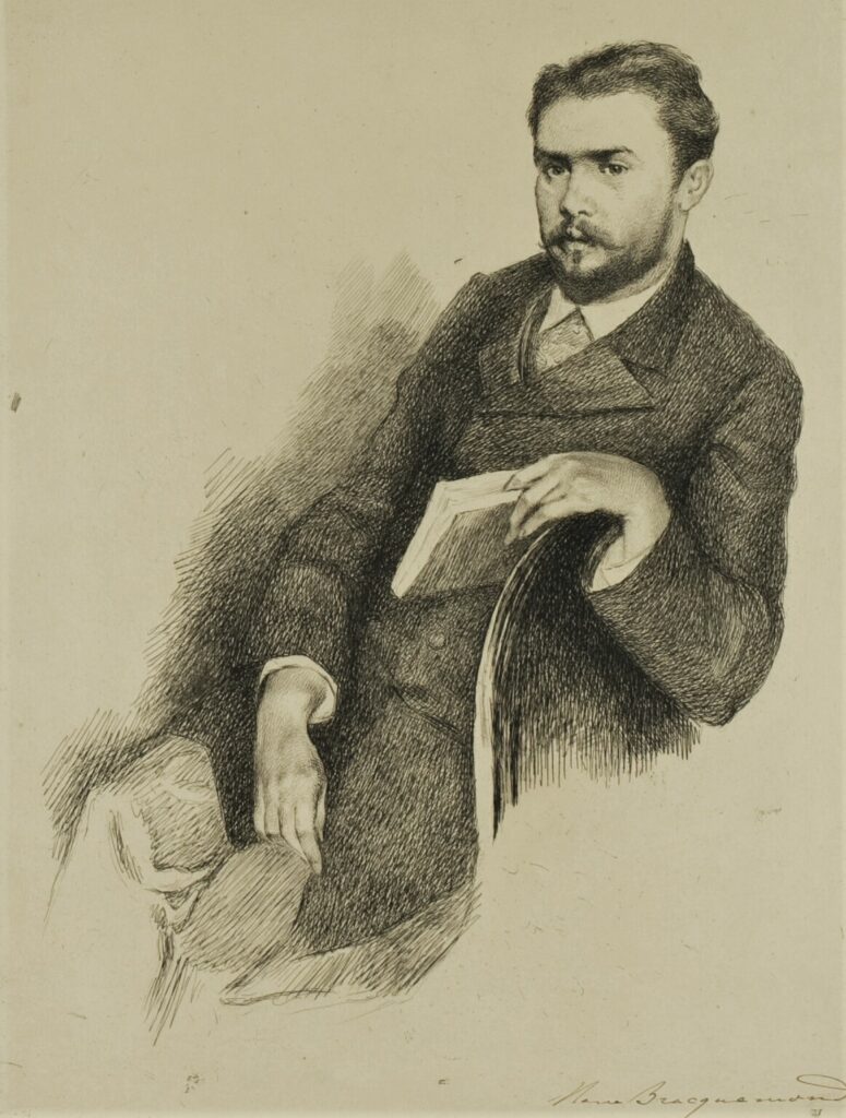 Marie Bracquemond: 1880-90, Portrait of Gustave Geffroy (b.1855), etch, 26x20, AI Chicago (M20;iR195;aR20=iR414;aR6;aR17;aR11;R168,p252) =EU-Chicago-1893 =BJ-1919-152, Portrait de Gustave Geffroy.