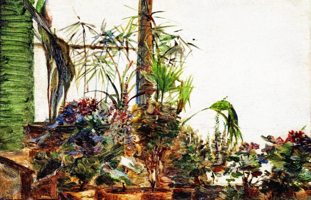Marie Bracquemond: 1880ca (1885ca), Pots of Flowers on the Wall, Sèvres, 18x28, private (iR204;iR2;iR22;iR64;aR6;R168,p275)