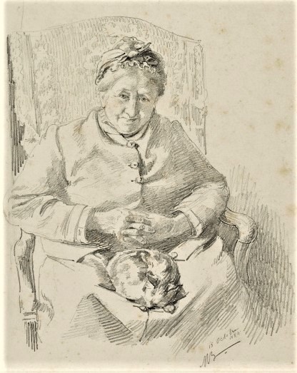 Marie Bracquemond: 1884-10-15, SDbr, Vieille dame assise sur un fauteuil (detail), dr, 27x20, DAG Louvre (iR127;iR23;M5)