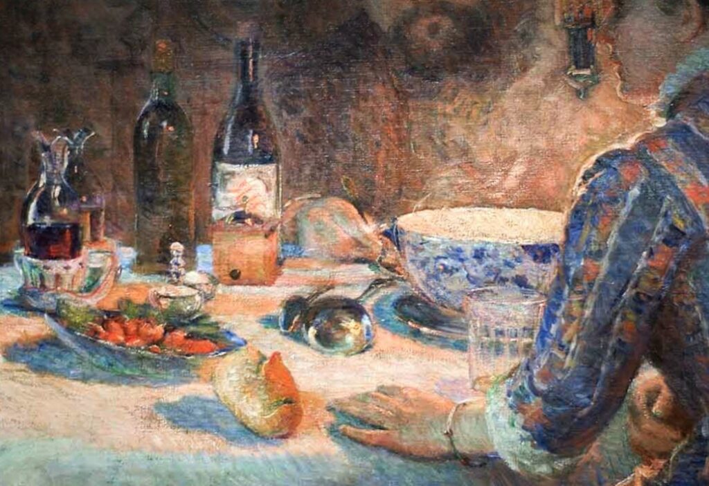 Marie Bracquemond: 1887, Beneath the lamp (detail 2), 70x110, private (aR16;aR6;iR2;iR6;iR22) =BJ-1919-13, On vient d’allumer la lampe (aR11,p5). Note: also (wrongly) named Le couple Sisley dînant chez les Bracquemond à Sèvres.