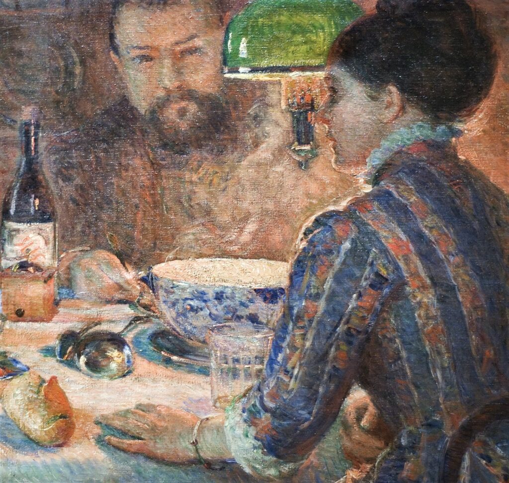 Marie Bracquemond: 1887, Beneath the lamp (detail), 70x110, private (aR18;iR2;iR6;iR22;aR6;R168,p266) =BJ-1919-13, On vient d’allumer la lampe (aR11,p5). Note: also (wrongly) named Le couple Sisley dînant chez les Bracquemond à Sèvres.