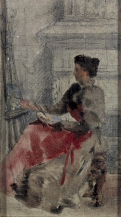 Unknown artist: 1890-95ca, Le peintre à son chevalet, op, 21x12, A2009/02/12 (iR13;iR10;aR17) The attribution to Marie Bracquemond is doubtfull.