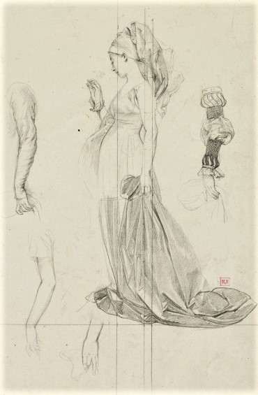 Marie Bracquemond: 18xx, Femme en costume du Moyen-Age, dr, 48x32, DAG Louvre (iR127;iR23;M5)