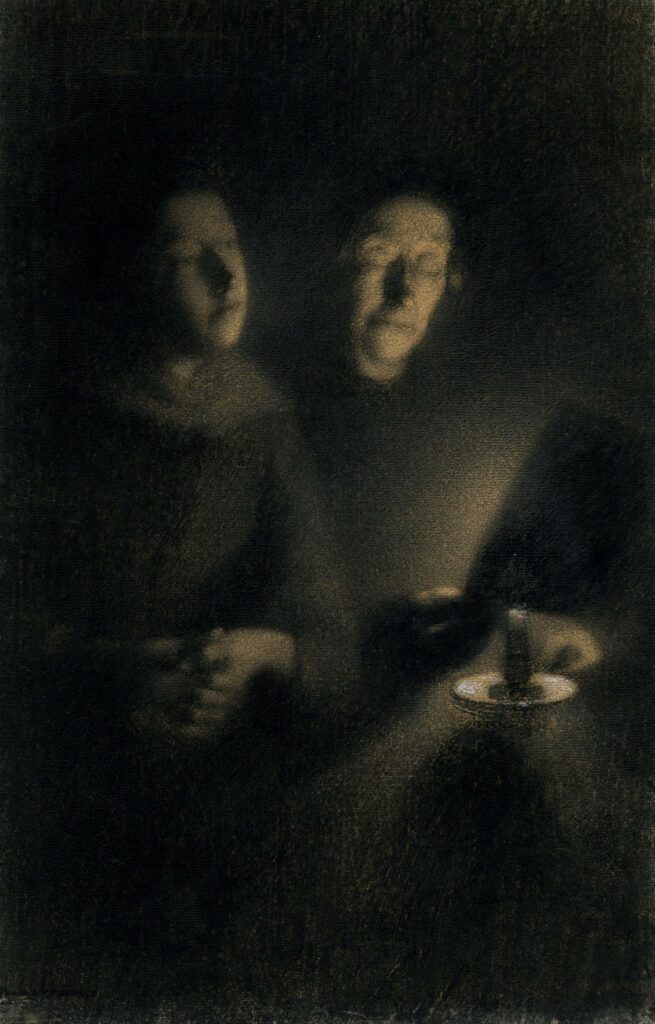Albert Lebourg: 4IE-1879-130, La lecture (le soir); (dessin) =!? 1879ca, Sbl, 1CR2085, Portrait of the artist's wife and mother-in-law; seen in candlelight, reading, charcoal, 44x28, BM London (R89,p32;M147;R90II,p114+132;R2,p268;R390,no2085) Compare: S1878-3289, Femme lisant; fusain.