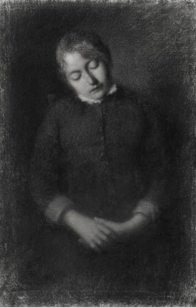 Albert Lebourg: 4IE-1879-135, Jeune femme (dessin) =!? 1880ca, 1CR2083!?, Portrait of the artist's wife asleep (Marie Guilloux), charcoal, 49x32, AI Chicago (M20;aR6;iR10;R2,p268;R390,no2083)