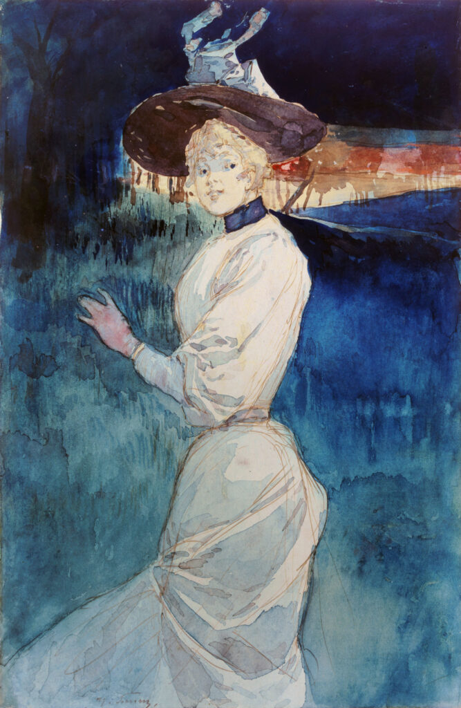 Henry Somm: 1890-1900ca, Elégante en robe blanche dans un paysage, wc, 32x21, MC Paris (iR195;M8)