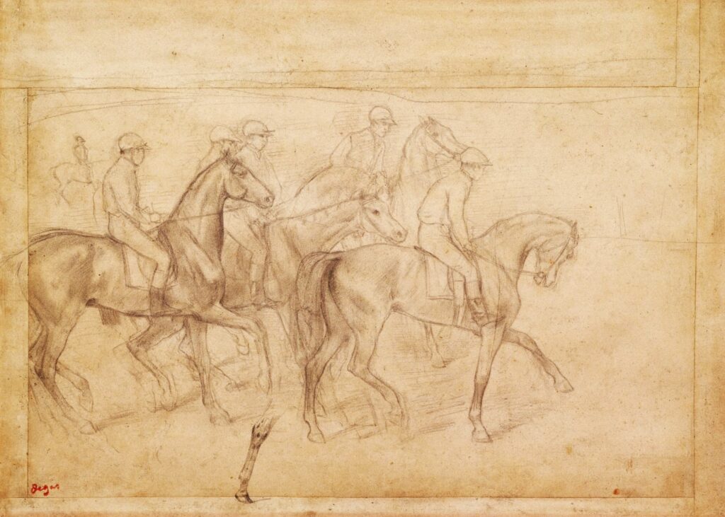 Edgar Degas, 1IE-1874-58, Départ de course, esquisse, dessin =? 1860-62ca, At the Races, dr, 35x48, CAI Williamstown (M26;iR10) =Degas sale GP1919/07/02-253. Compare: 1860-62, CR76, At the Races, the Start, 32x46, Harvard Cambridge.