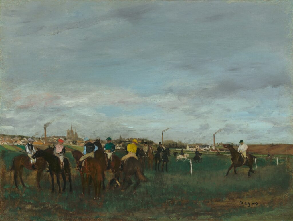 Edgar Degas: 1871-73, CR317, Le champs de courses (Before the Race), on wood?, 27x35, NGA Washington (M21;iR2;aR23) Provenance: Durand-Ruel 1872/04; Fauré 1873/05/07; Durand-Ruel 1881/02/28. Expo London 1873-33.