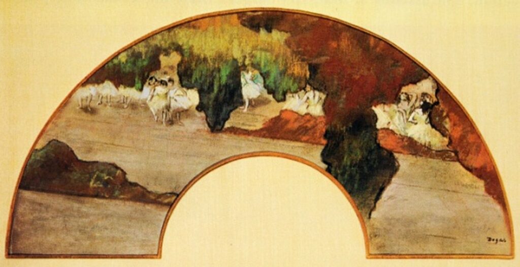 Edgar Degas, 4IE-1879-80, Eventail =? 1879ca, CR567, Dancers in the wings, fan, gouache + pastel, 31x58, private (aR23;iR10;iR39;R26,no543;R114,no567)
