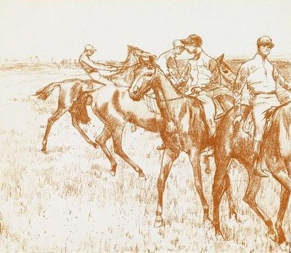 Edgar Degas: 1IE-1874-59, Faux depart, dessin Compare: 1883-85ca, The jockeys, litho, xx, xx (iR10;iR13) Compare: CR755, Race horses