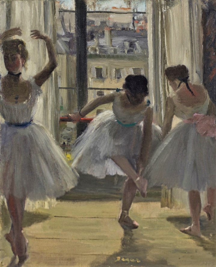 Edgar Degas: 2IE-1876-45, Salle de danse =?? 1873ca, CR324, (Trois) Danseuses dans une salle d'exercice, 28x23, A2019/02/27 (iR15;R26,no464;R45) Henri Rouart sale MJ1912-179