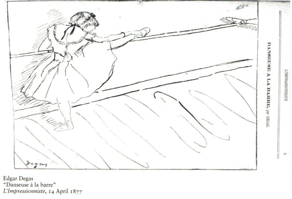 Edgar Degas: 3IE-1877-41, Danseuse(s) à la barre, drawing in L'Impressionniste, 1877/04/14 after 1876-77, CR421, Danseuse à la barre, pastel, 20x22, xx (R90I,p198)