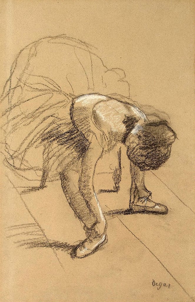 Edgar Degas: 5IE-1880-42-2, Dessins =?? 1876-80ca, Seated dancer adjusting her shoes, dr+p, 47x31, Hermitage (iR155;aR23=MS1581;M95)