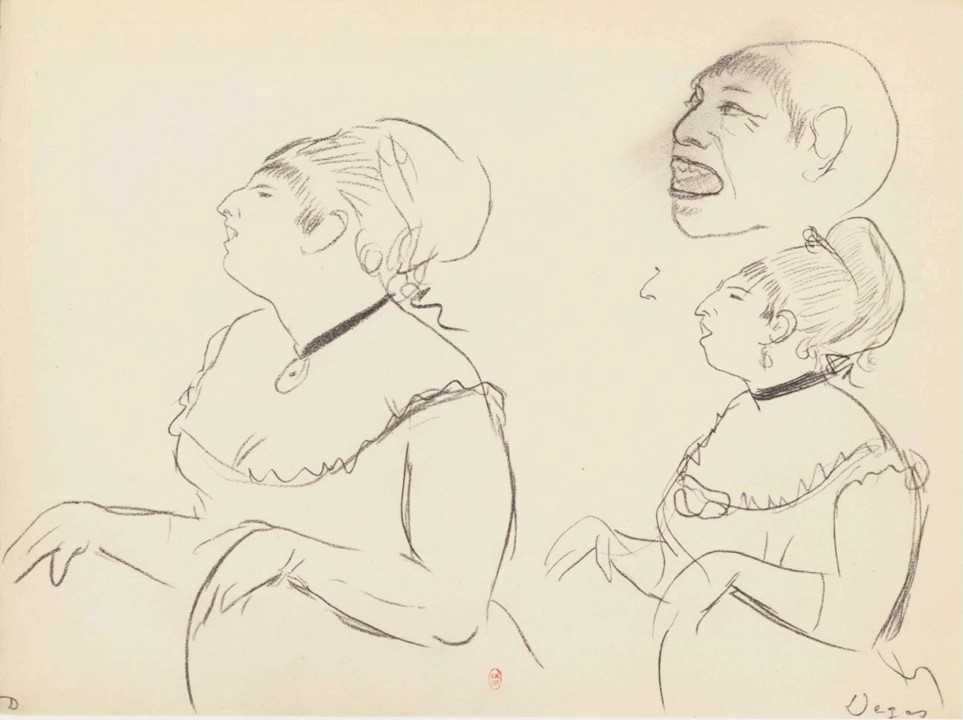 Edgar Degas: 6IE-1881-19+hc3-1, (Dessins et esquisses: Chanteuses en scène) =?? 1877ca, Chanteuse café-concert, dr, xx, BNF Paris (aR22=iR40;R90II,p180;R2,p354;R114,no380;R26,no414;R90I,p348+362) Compare CR380, "stretching out wiggling paws"