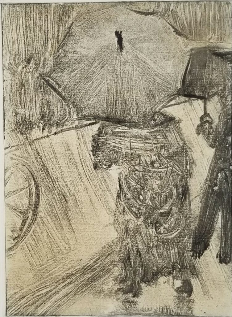 Edgar Degas: 3IE-1877-60-1, Dessins faits à l’encre grasse et imprimés =? 1876-77ca, In the rain (from Ludovic Halévic: La famille Cardinal), print after monotype, 16x11, private (aR21;M22;M152;iR10)