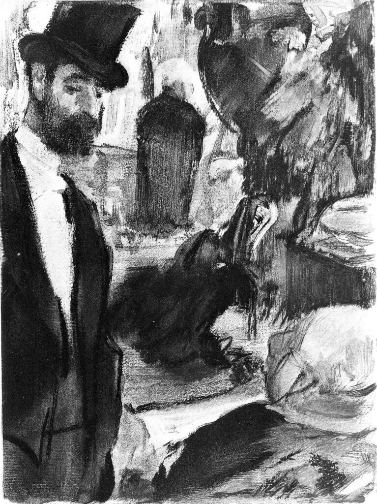 Edgar Degas: 3IE-1877-58-2, Dessins faits à l’encre grasse et imprimés =? 1876-77ca, Ludovic Halévy finds Mme Cardinal in the dressing room (from Ludovic Halévic: La famille Cardinal), print after monotype, 21x16, MFA Boston (M22;M152;aR21;iR10)